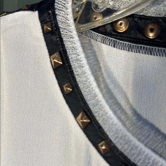 NWOT Generation Love White Top with Black Faux Leather and Gold Stud Accents - Picture 6 of 10
